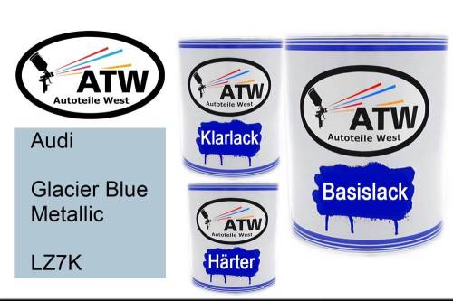 Audi, Glacier Blue Metallic, LZ7K: 1L Lackdose + 1L Klarlack + 500ml Härter - Set, von ATW Autoteile West.